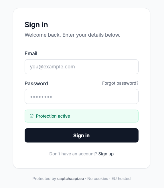 Login form showing the Protection active status panel